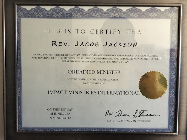 My Ordination Certificate from Impact Ministries International